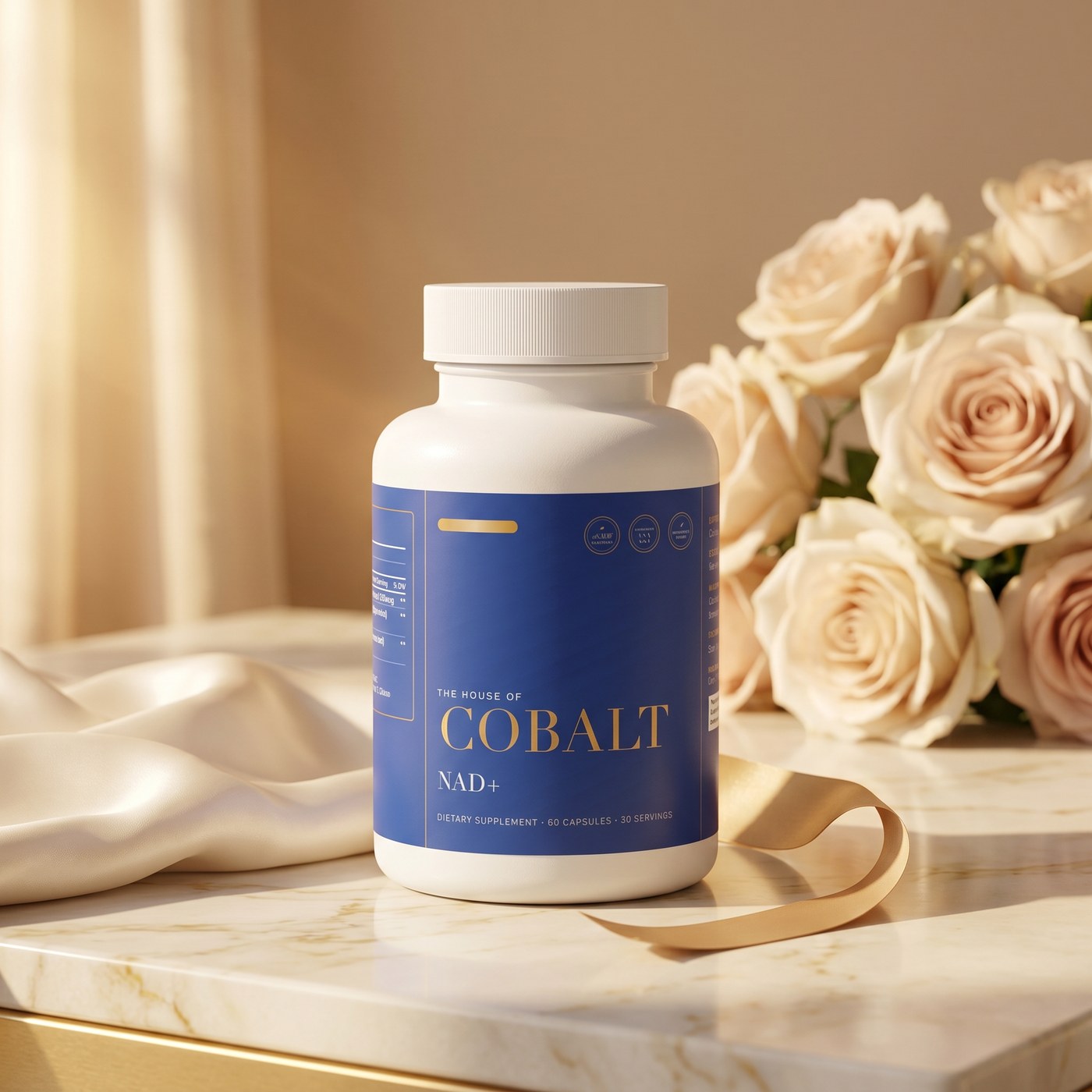 The House of Cobalt NAD+ on marble with gold ribbon and roses