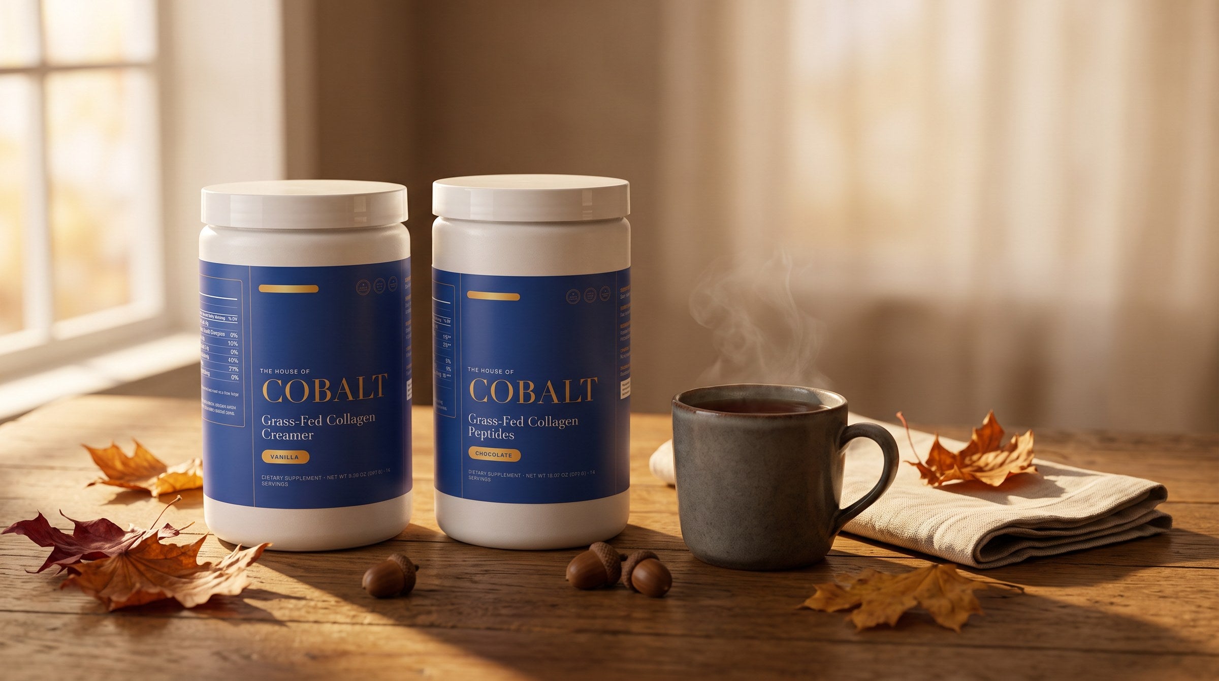 The House of Cobalt fall shelf in warm autumn light
