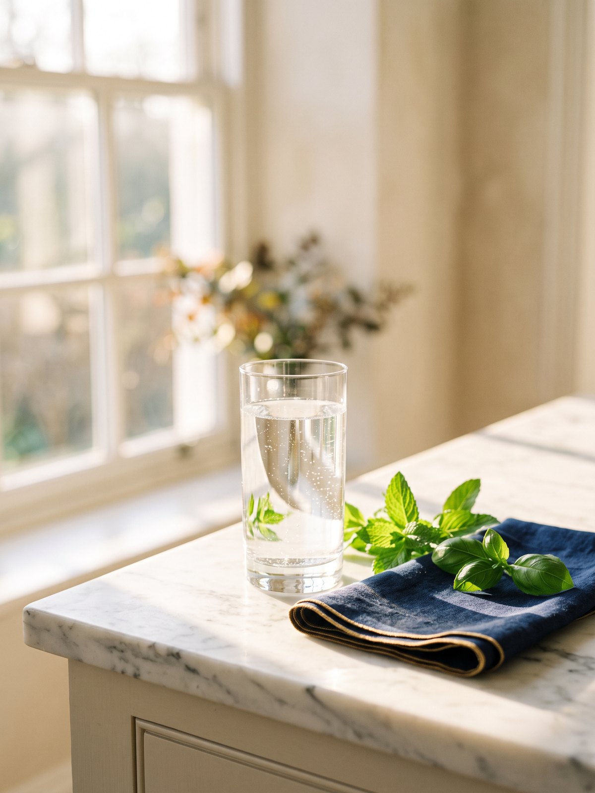 Morning light on a marble counter with a glass of water, fresh herbs, and navy linen