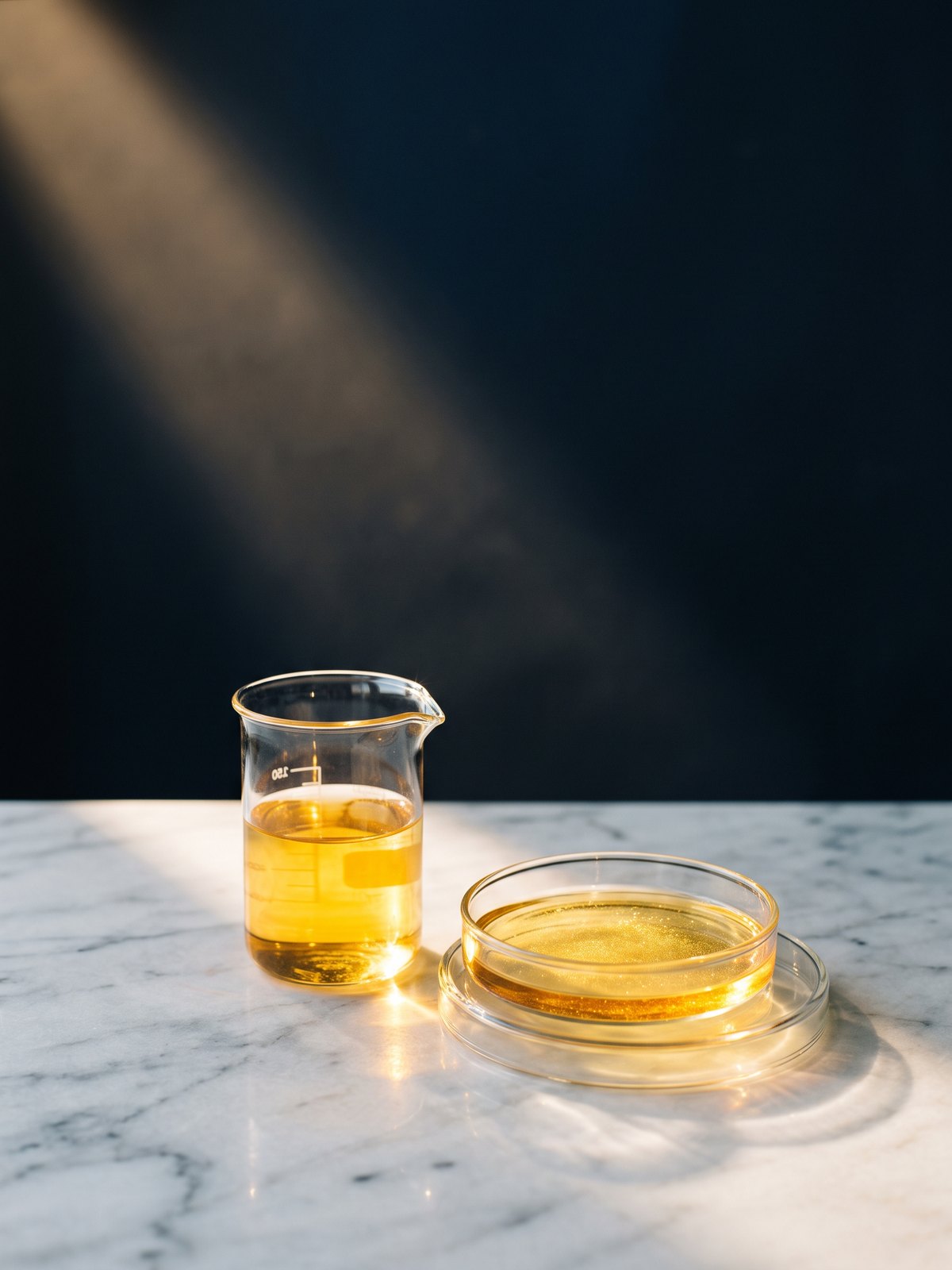 Laboratory glassware holding golden liquid on marble, lit by a single shaft of light